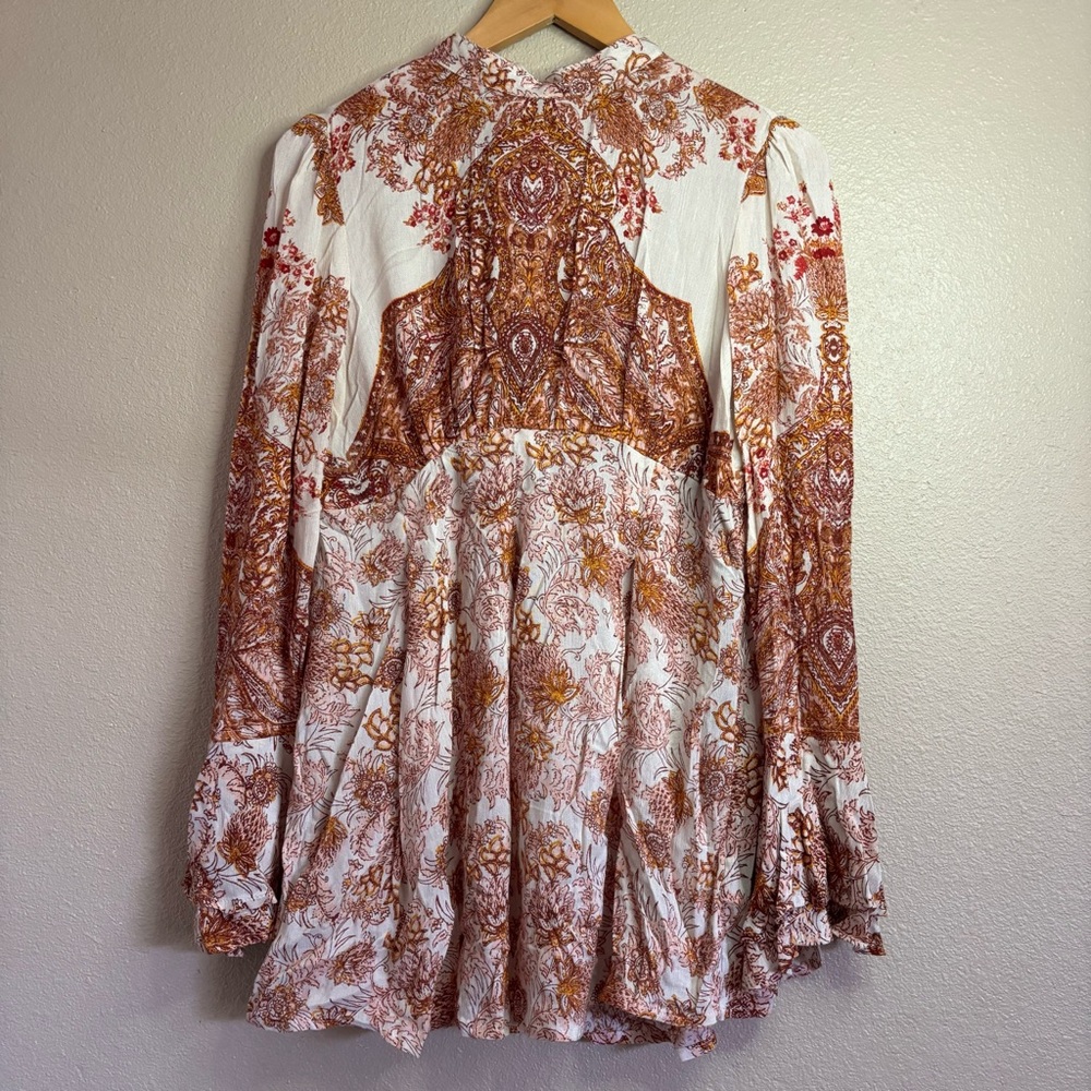 Free People Ivory Orange Lady Luck Tunic Dress size XS High Neck Tie Back Boho